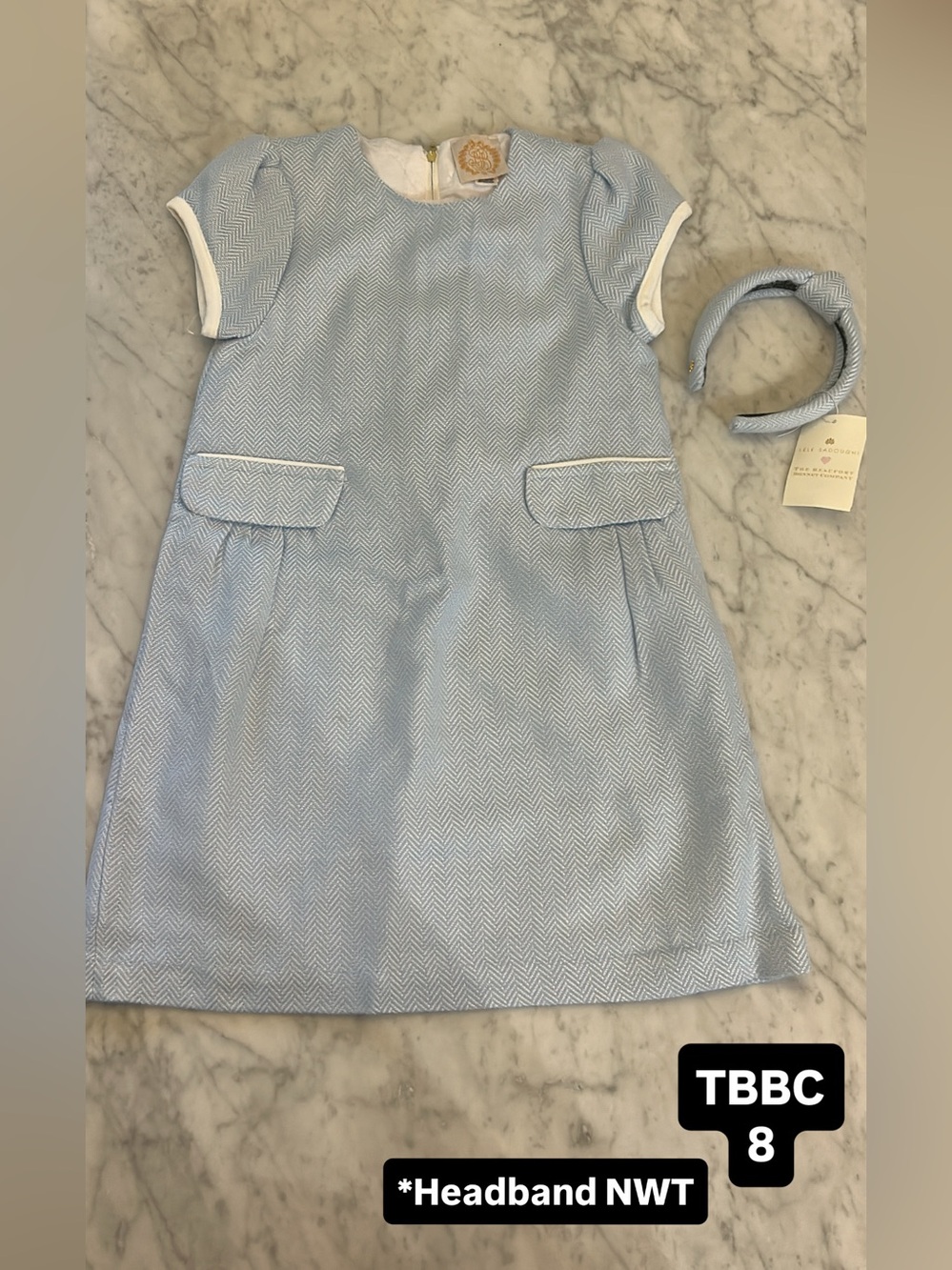 Classic Light Blue Girls' Herringbone Dress with coordinating Headband